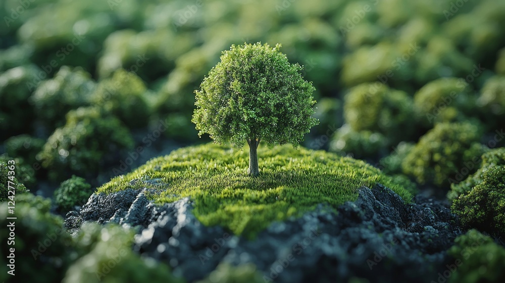 Poster a solitary tree rises from a rocky formation, its vibrant green leaves shimmering in the soft light 