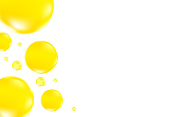 Cute glowing lemon yellow liquid bubbles or fluid jelly droplets isolated on transparent background. Cute honey, acid neon yellow presentation, beauty serum, cosmetology science, molecular concept