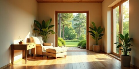 Serene Living Room with Abundant Natural Light and Lush Greenery, Offering a Tranquil and Relaxing Atmosphere