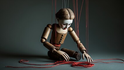 Wooden puppet sits on the floor, surrounded by strings, in a dimly lit space with a dramatic focus on craftsmanship and detail