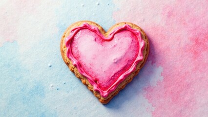 Fototapeta premium A Delicate Heart-Shaped Cookie Adorned with Pink Icing on a Pastel Background