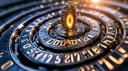 3D Illustration of Spiral Gears and Numeric Dials with Light Effects