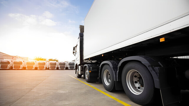 Delivery truck at warehouse with large empty space for logo and design on truck body, 300dpi