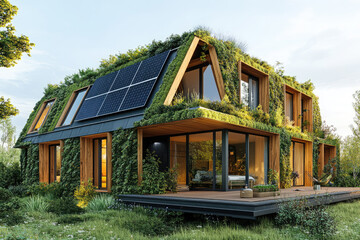 Obraz premium Modern eco-friendly urban complexes, modular smart houses with solar panels and greenery on the houses.
