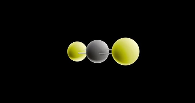 Carbon disulfide molecule, rotating 3D model of building block, looped video on a black background