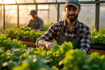 People in a greenhouse, engaged in plant cultivation