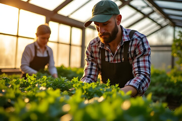 Individuals in a greenhouse, nurturing green plants