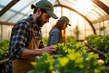 Greenhouse scene with people tending to plants