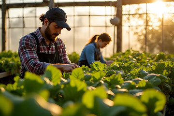 Gardeners in a greenhouse, ensuring plant health