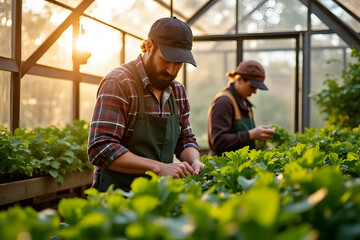 Greenhouse workers caring for plants in a sunlit environment