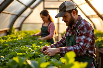 Two people working in a greenhouse, tending to plants