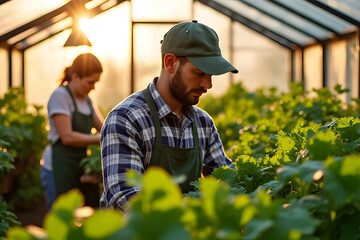 Workers in a greenhouse, managing plant growth