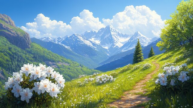  Idyllic mountain landscape featuring white flowers, green grass, and a path leading to snow-capped peaks, with oil paintings of rhododendron bushes flanking the road under a cloudy blue sky.