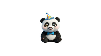 Obraz premium 3D smiling panda with birthday hat and blue bunny ears on white background