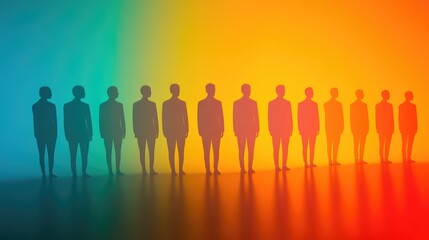 Group of silhouetted figures in business attire studio setting abstract art colorful gradient background