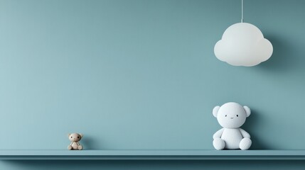 3D render of a minimalistic children's room for a girl, featuring a light blue wall, a white cloud-shaped decoration, a shelf with a doll, teddy bear, and a small wooden toy in the corner.