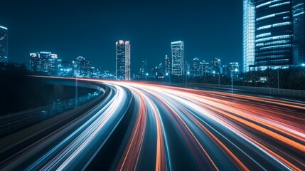 Obraz premium Abstract red light trail on blue background, dynamic and vibrant lines creating a sense of movement, energy, and modern technology. Symbolizing speed and digital transformation with futuristic design