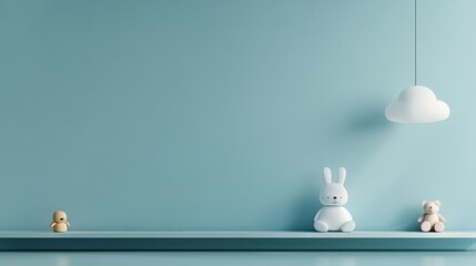 3D render of a minimalistic children's room for a girl, featuring a light blue wall, a white cloud-shaped decoration, a shelf with a doll, teddy bear, and a small wooden toy in the corner.