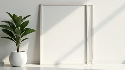 Minimalist Interior Design Mockup Blank Frame and Potted Plant in Sunlit Room