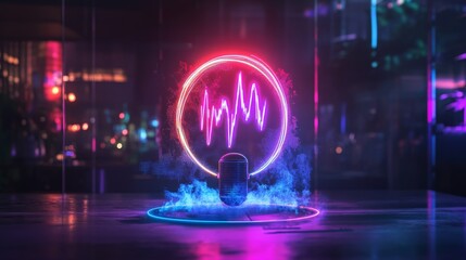 Glowing neon Sound wave icon for voice recognition in virtual assistant, speech sign. voice recording and podcast mic microphone button icon . Audio Waveform Abstract music waves oscillation modern.