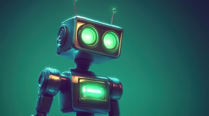 Fototapeta premium Retro Robot with Glowing Green Eyes and Battery Indicator