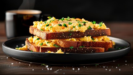 Scrambled Eggs: Scrambled eggs served with whole-grain bread and a side salad, styled on a modern dining table. 