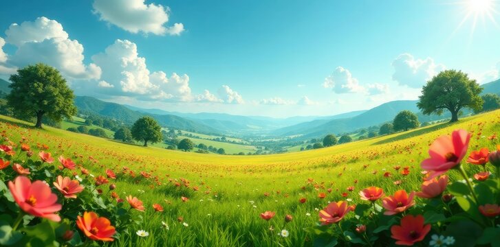 Un campo de margaritas florecientes bajo un cielo anaranjado, margaritas, verde, campo