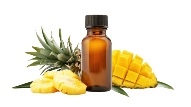 A bottle of essential oil surrounded by fresh pineapple and mango slices.