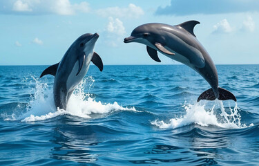 Fototapeta premium two dolphins jumping