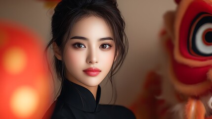 Fototapeta premium Stunning young woman wearing a bright red scarf, contrasting with her black clothes, standing against a beige background, Chinese New Year celebration, red and orange lanterns around, huge lion 