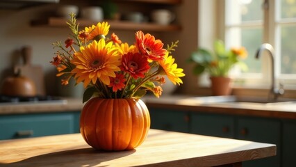 Autumnal floral arrangement in a miniature pumpkin centerpiece on a kitchen counter bathed in sunlight