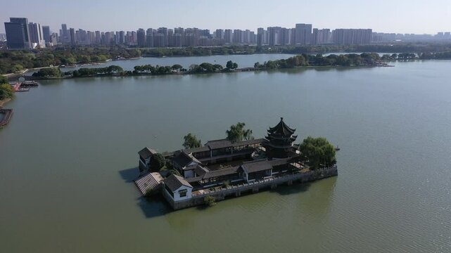  Aerial photography of the natural landscape of Shihu Lake in Suzhou,
