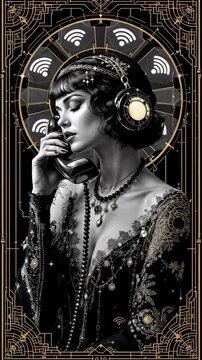 Futuristic 1920s flapper girl with vintage rotary phone and cybernetic headphones