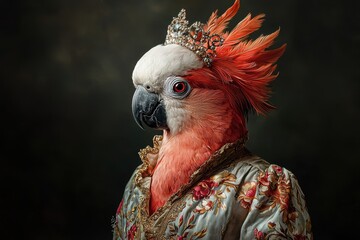 Baroque pet portrait with royal costume concept. Regal Cockatoo parrot adorned with a crown and ornate clothing in a dark setting