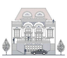 Facade of 3 storeys symmetrical modern classic house with 3 doors, 4 windows, 3 columns, balustrade, garage, frames, decoration, stairs, crowns, canopy, trapezoidal roof and its elements design.