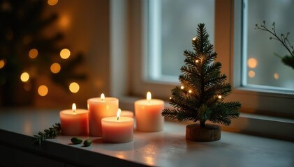 Candles on a small Christmas tree create a cozy nook, delicate branches, small christmas tree, soft focus