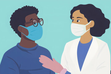 Obraz premium Doctor is reassuring her patient by touching his shoulder, both are wearing protective face masks