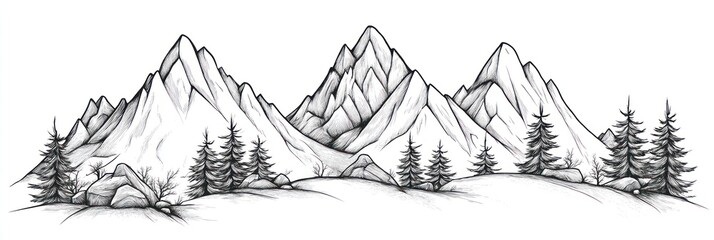 Majestic Mountains and Evergreen Trees Landscape Drawing