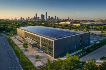 Aerial view of modern data center facility exterior, with solar panels on the roof and green space around it. The building is large in size, featuring sleek grey metal cladding and glass windows