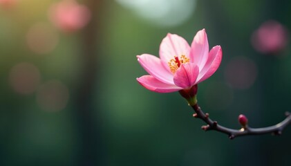 Obraz premium A lone pink bloom rises from a branch on the tree, blooming branch, single pink flower