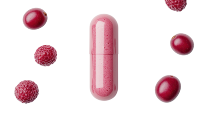 Pink capsule surrounded by vibrant red raspberries and gummies on a clean background.