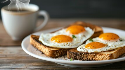 Fried Eggs on Toast: Fried eggs, sunny side up, served with whole-grain bread and a side salad, styled on a modern dining table. 