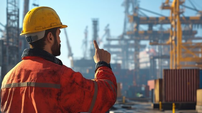 Dock Worker in Hard Hat Pointing at Control Panel in Busy Shipping Yard Setting
