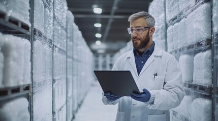 Engineer Inspecting Industrial Refrigerator in Cold Storage Facility with Tablet for Quality Control and Monitoring Process