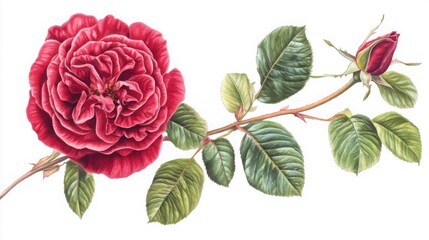 Obraz premium A classic red rose with rich petals and vibrant green leaves, isolated on a pure white background.