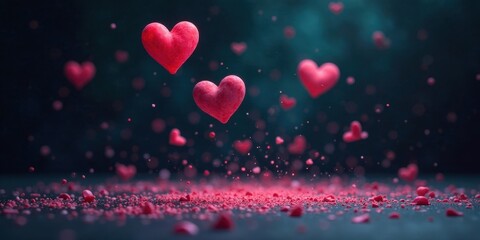 Romantic hearts falling onto a textured surface, creating a magical, dreamy atmosphere.