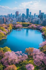 Obraz premium Aerial view of the serene lakeside in a city, with towering skyscrapers and blooming cherry blossom trees around. Colorful spring sky, clear blue water reflecting the cityscape