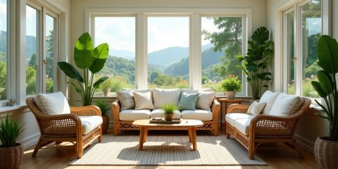 Fototapeta premium Relaxing Sunroom with Rattan Furniture and Lush Greenery Overlooking Scenic Views