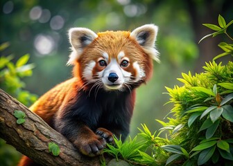 Fototapeta premium Adorable Red Panda Perched on a Lush Green Tree Branch