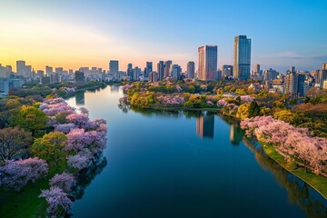Obraz premium Aerial view of the serene lakeside in a city, with towering skyscrapers and blooming cherry blossom trees around. Colorful spring sky, clear blue water reflecting the cityscape